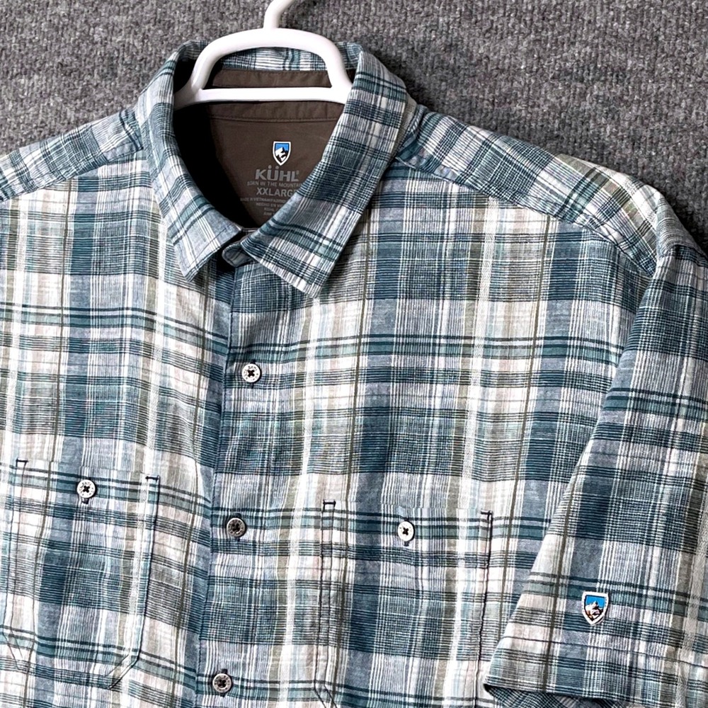 KUHL Skorpio Short Sleeve Shirt Mens XXL Blue Plaid Multi Linen Lightweight Gorp